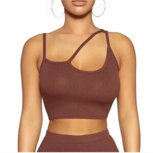 Naked Wardrobe NEW Brown Asymmetric Cutout Sleeveless Ribbed Cropped Tank Top XL